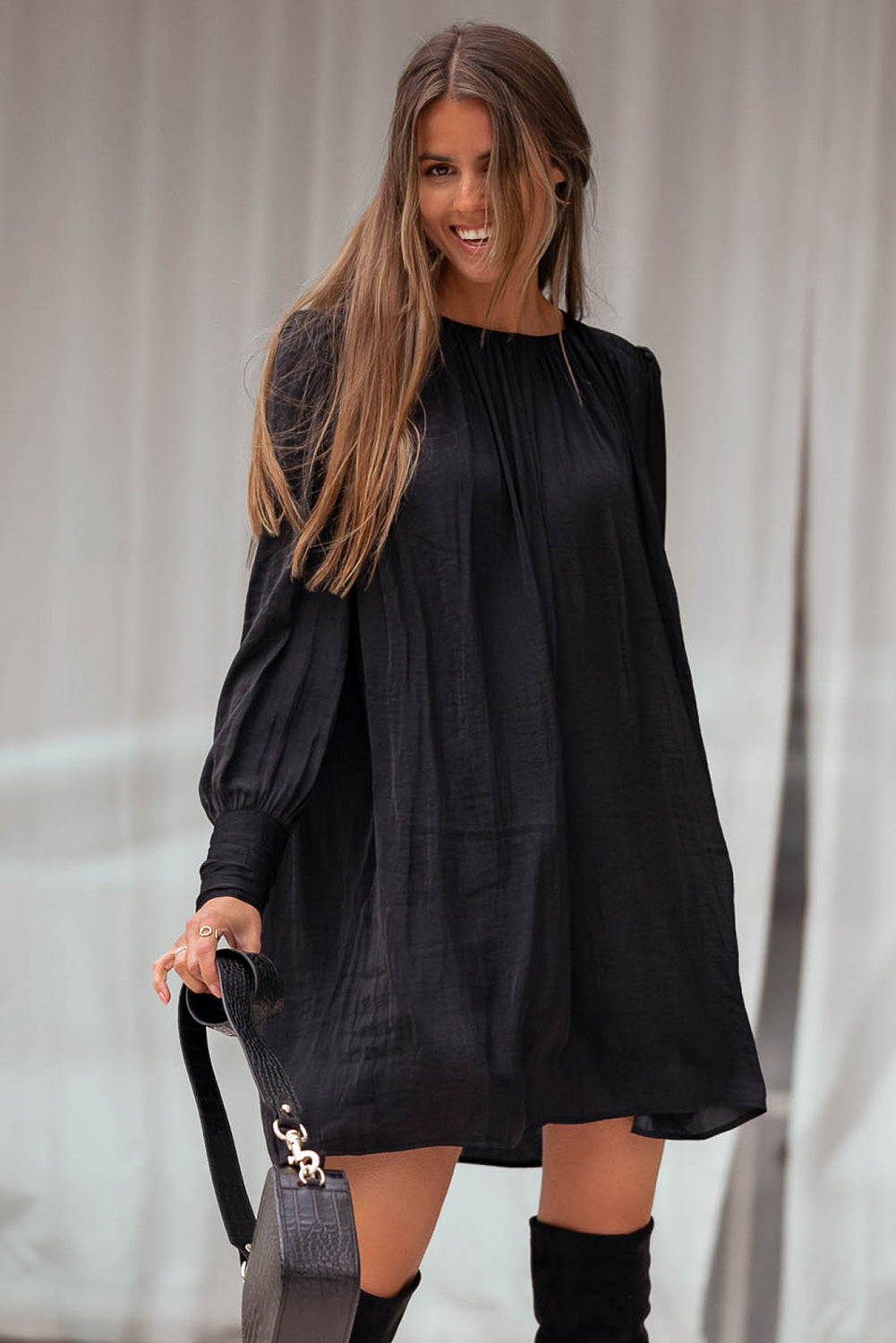 Black Solid Bishop Sleeve Pleated Mini Dress