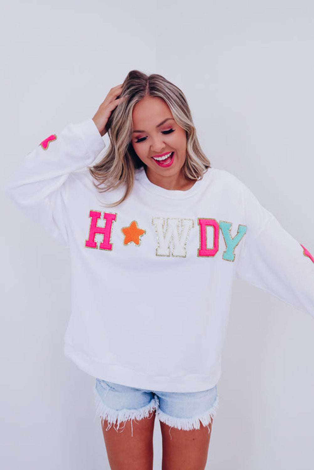 White Glitter Howdy Patch Graphic Casual Sweatshirt