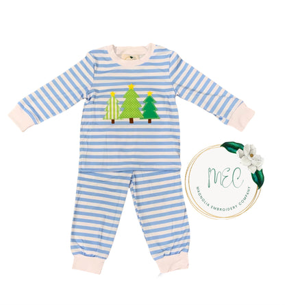 Striped Christmas Tree PJs - Blue