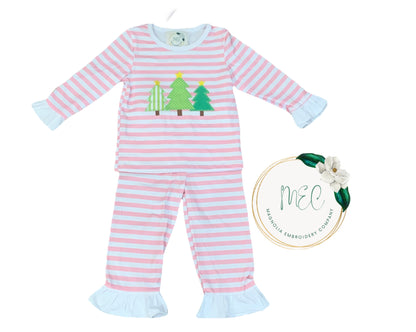 Striped Christmas Tree PJs - Pink